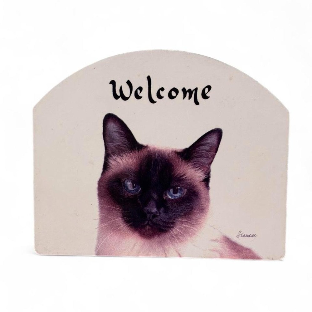 Vintage Siamese Cat Welcome Sign Outdoor Aluminum Wall Plaque Made in USA 9x7.5